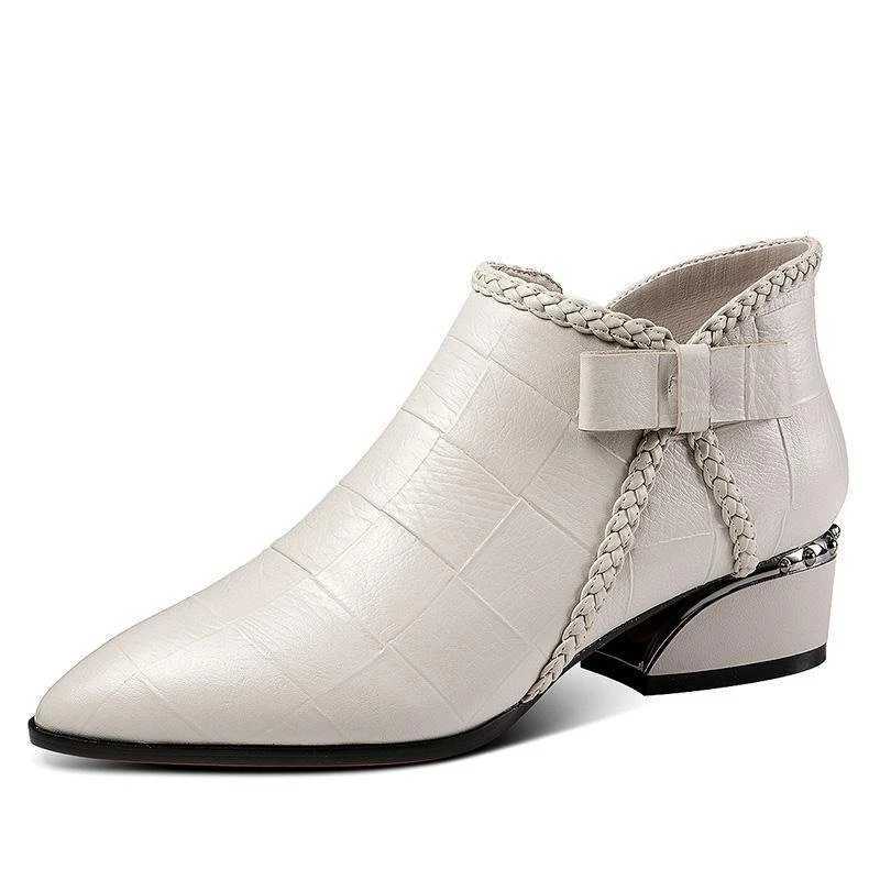 

Женские ботинки на квадратном каблуке, бежевые ботильоны с острым носком и бантом-бабочкой, резиновая обувь из искусственной кожи на молнии...