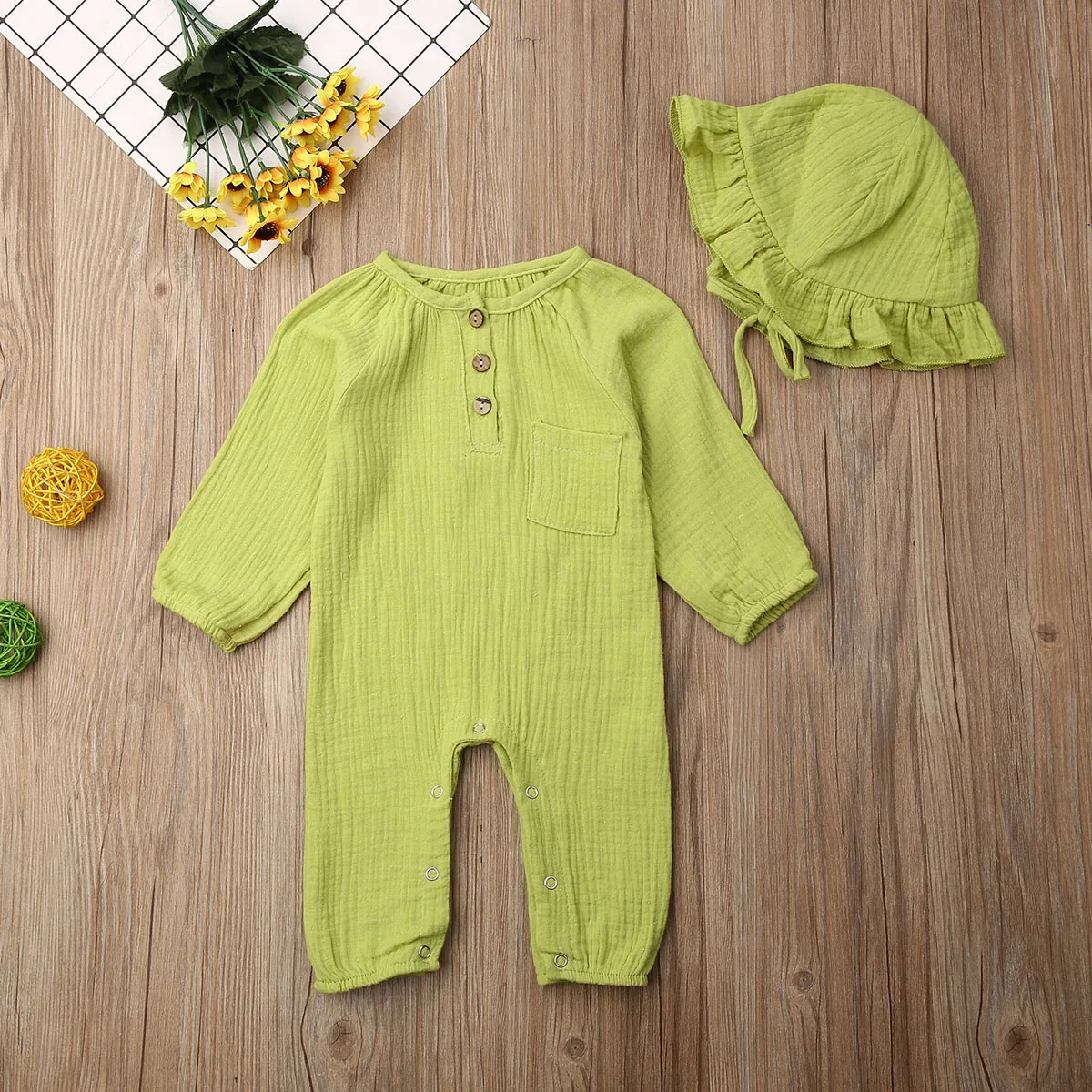 Однотонный комбинезон для новорожденных девочек и мальчиков + шапочка с длинными