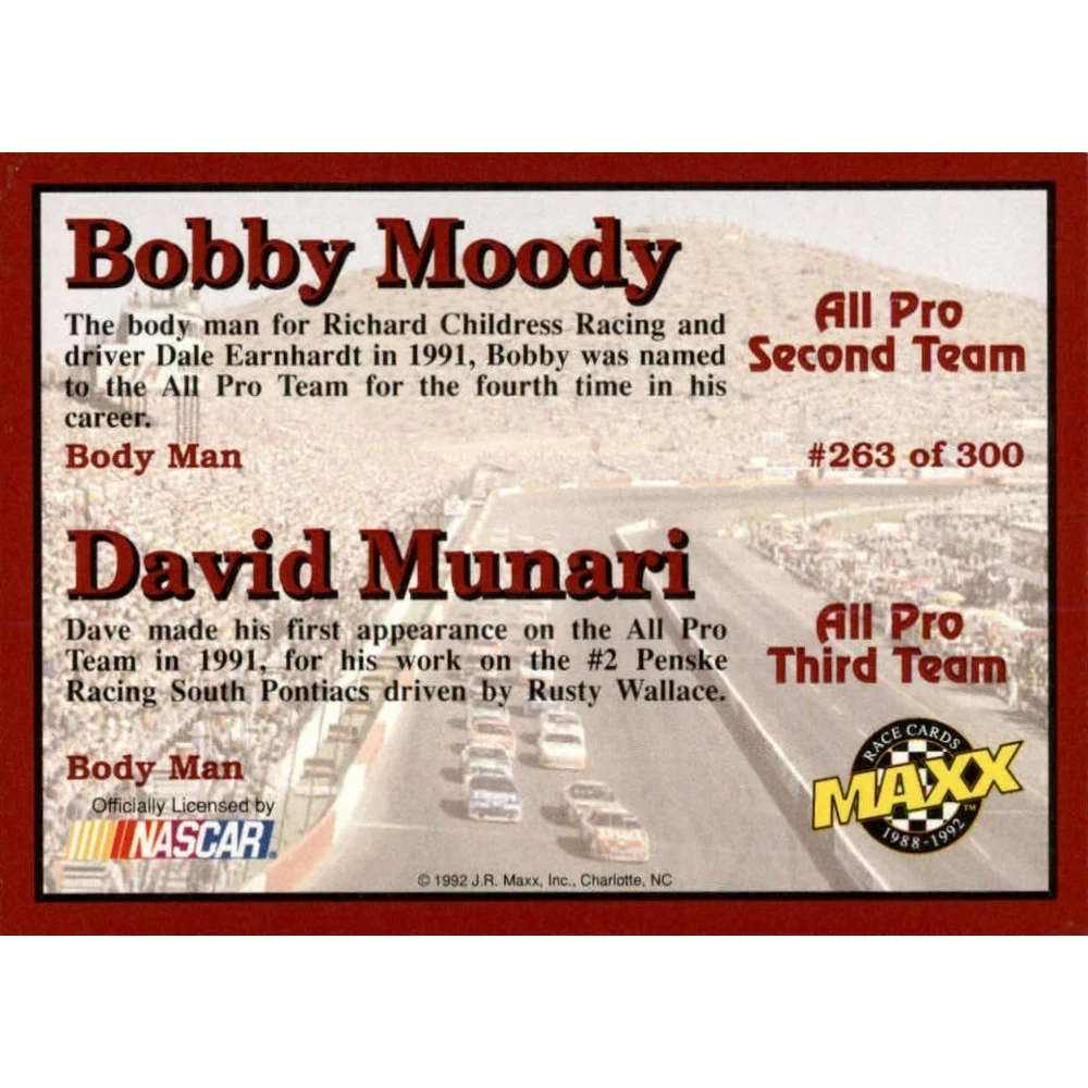 Maxx 1992 Коллекционная карточка Nascar №263 Bobby moody David munari
