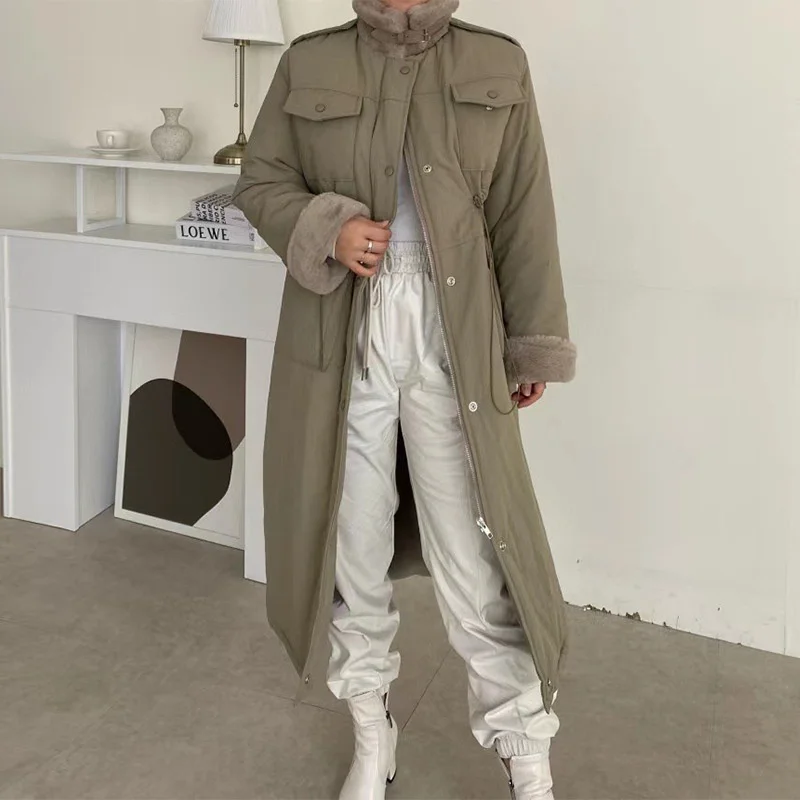 

Корейский шикарный плюшевый воротник-стойка с несколькими карманами на шнурке длиной талии утолщенный теплый Хлопковый жакет для женщин