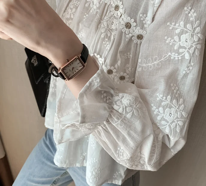 

Spring 2021 Elegant embroidery tops New Korean Lace flower shirt Flare sleeve Crochet blouse blusa feminina