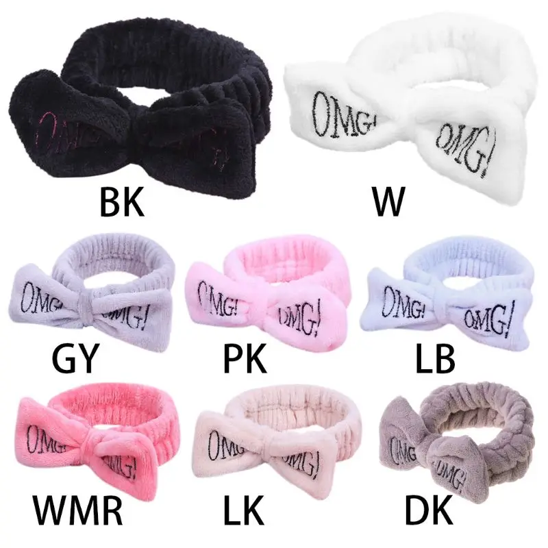 

Women Girls SPA Wide Headband Cute Bowknot OMG Letters Embroidered Hairband Elastic Makeup Flannel Turban Candy Color Headwrap 8