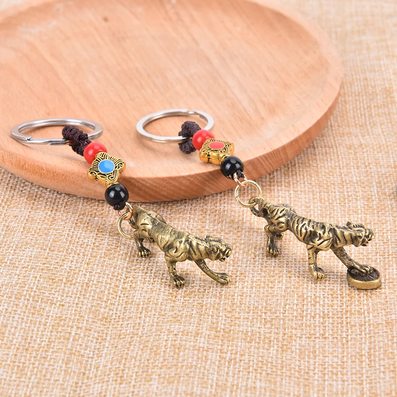 

Vintage Brass Animal Tiger Keyring Lanyard Pendants Handmade Rope Chinese Five Emperors Coins Feng Shui Car Key Chains Hangings