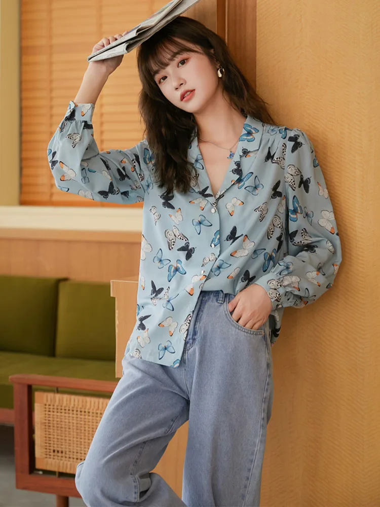 

2021 summer new ladies Korean fashion lapel butterfly print blouse women casual shirt