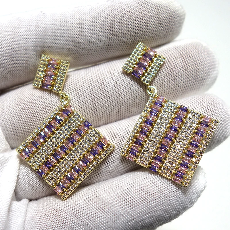 

Fashion Gold Flower Cubic Zirconia Earrings Trendy Charms DUBAI Multicolor Square Earring for Women Wedding Jewelry