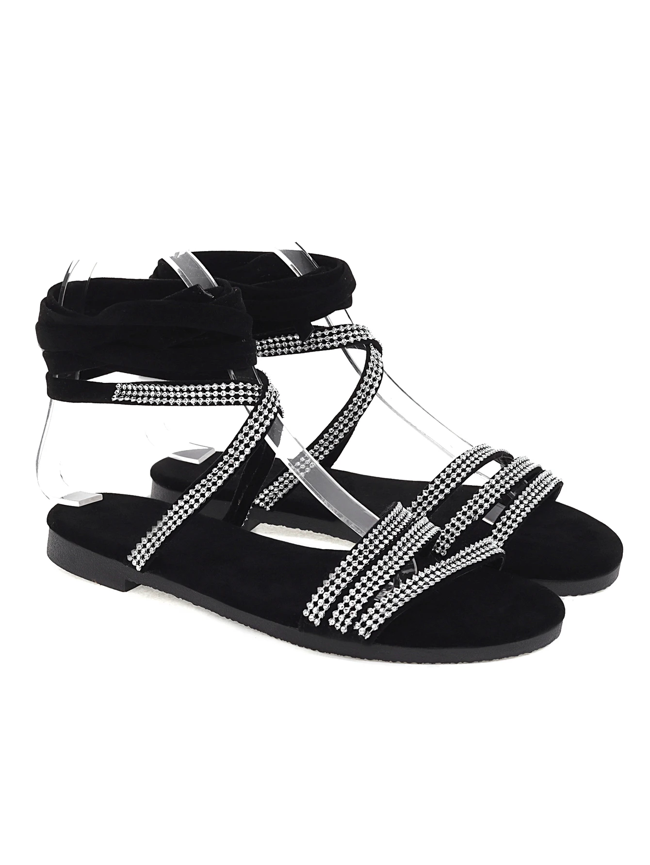 

Ankle Cross Strap Rhinestone Buckle Flat Sandals Roman Style Flcok Material Sequin Decoration Ladies Summer Sexy Sandals 2021