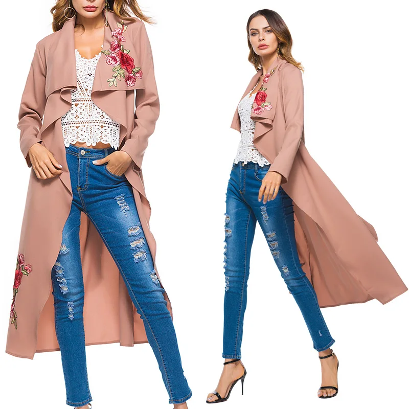 Explosion Роза вышитые патч длинный рукав кардиган + пояс ветровка роскошный Тренч 2021