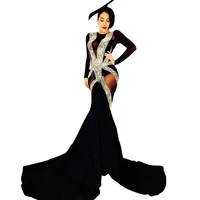 women long sleeve black mesh transparent mermaid dress nightclub dj singer stage wear hostess evening prom formal costumes