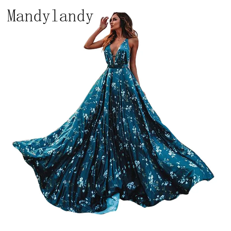 

Mandylandy Women's Sexy Sleeveless Floral Print Slim Dress Summer Elegance V-neck Spaghetti Strap High Waist Dress