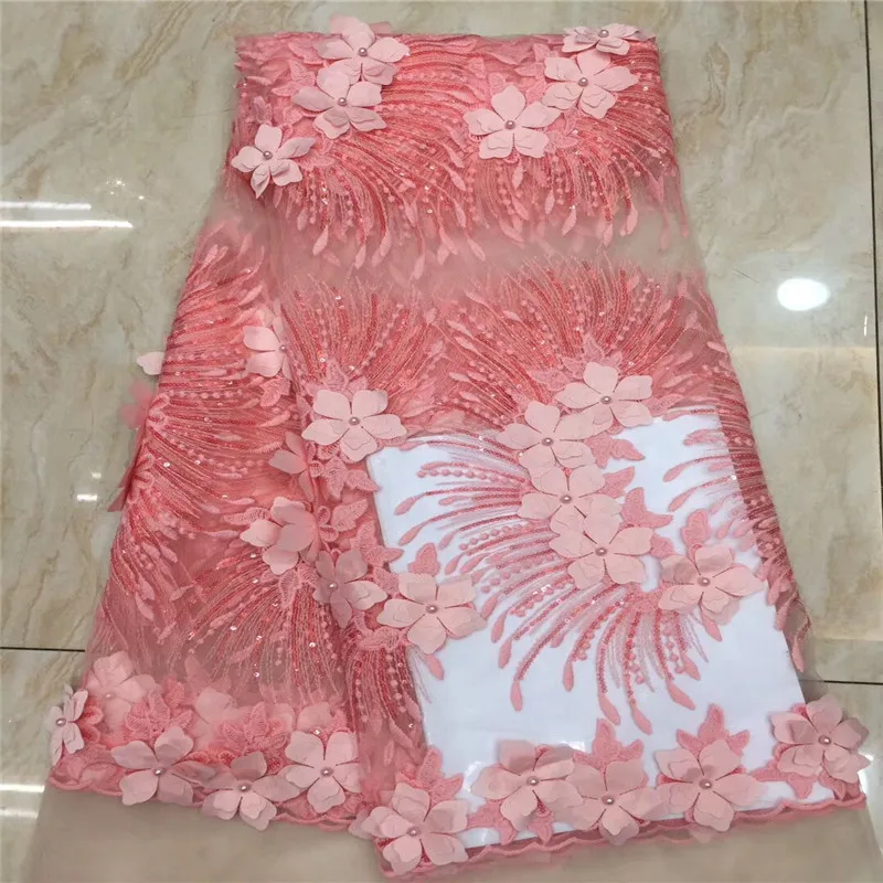 Горячая Распродажа кружевная ткань с бусинами Розовый 3D цветок высокое качество