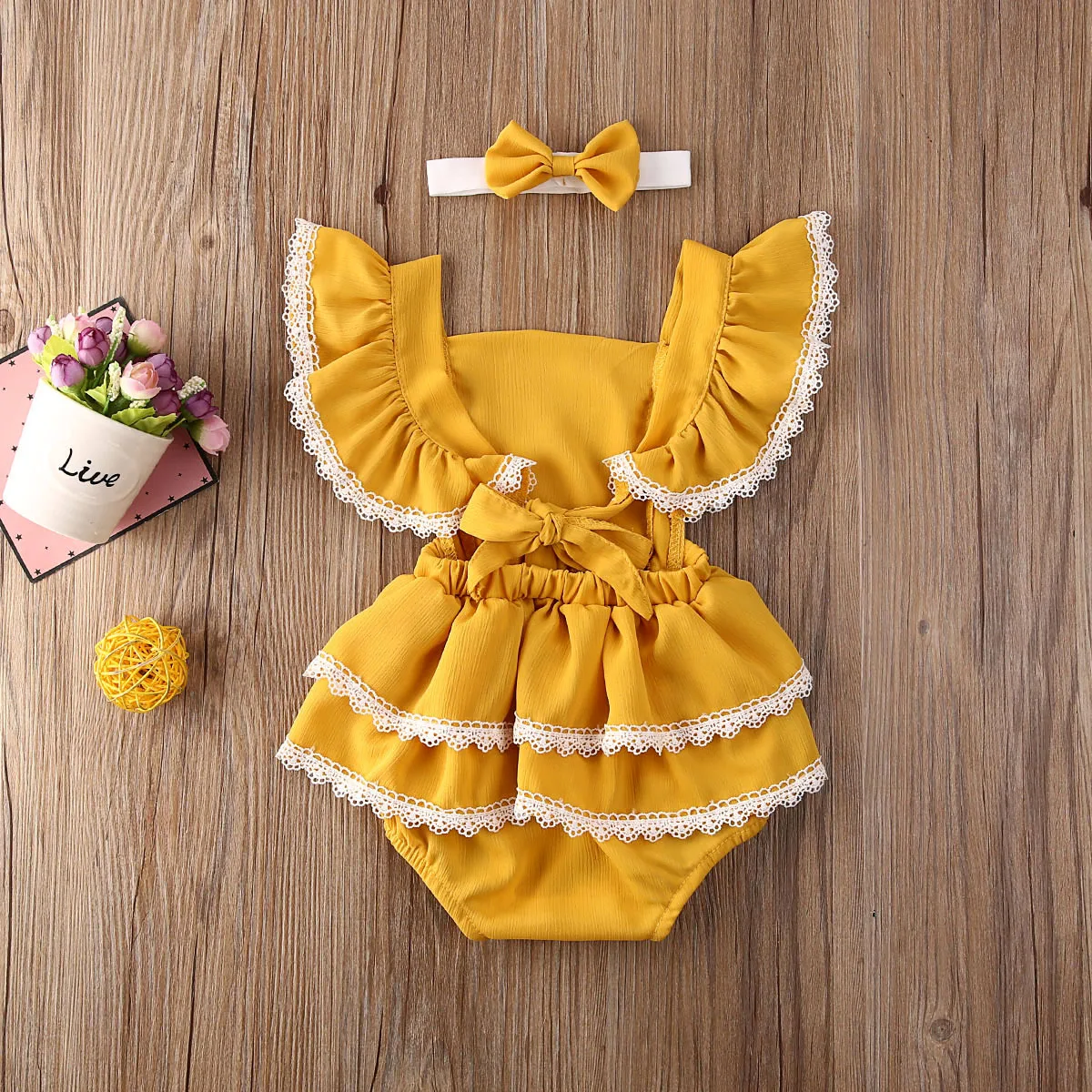 

Kids Baby Girls 0-24M Bodysuits Lace Solid Ruffles Sleeve Backless Bowknot Cute Jumpsuits+Headband 2pcs