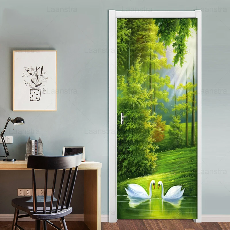 

Lake View Swan Oil Painting 3D Door Sticker PVC Waterproof Self-adhesive Wallpaper Wall Stickers Living Room Door Decor Decals