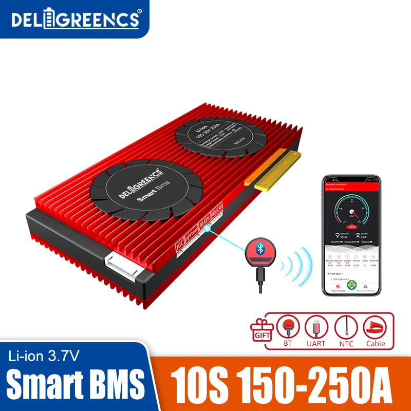

Deligreen 10S Smart BMS 150A 200A 250A UART 485 Bluetooth Smart BMS for 36V Li-ion Battery Pack Energy Storage With Balance