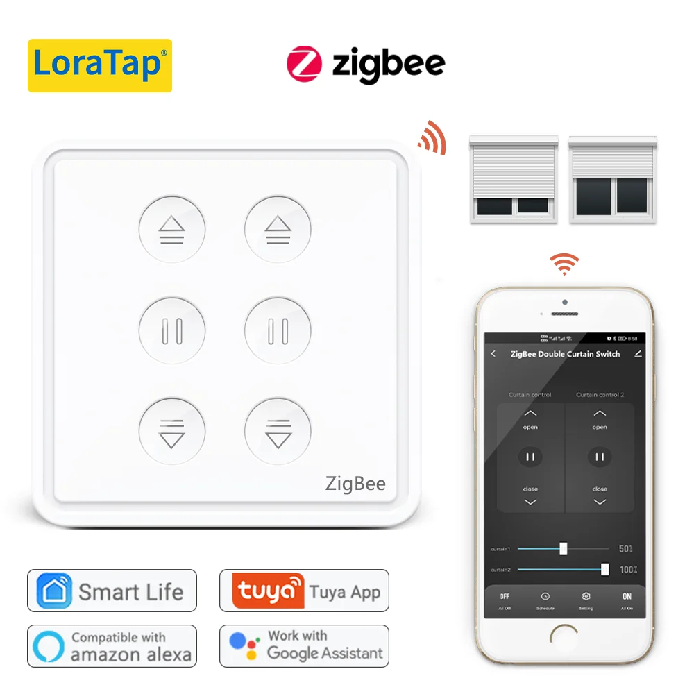 

LoraTap Tuya ZigBee 3.0 EU Double Curtain Switch for Tubular Motor Google Home Alexa Voice Control Work with Zigbee2MQTT DIY