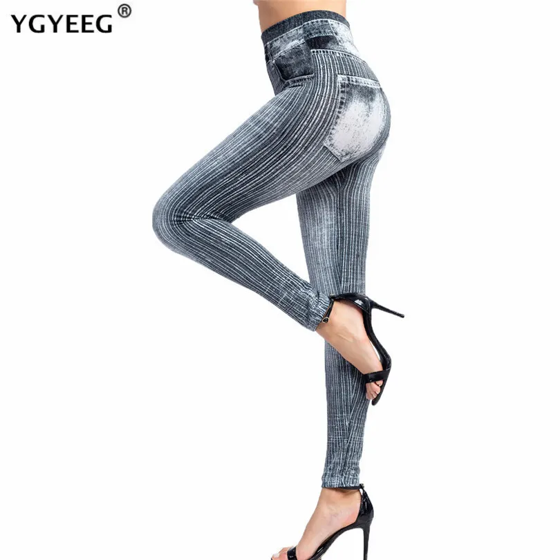 

YGYEEG Sport Lady Women Fake Denim Jeans Leggings Jeggings Streth Pants Blue Black Slim Stripe Printing Skinny Autumn Trousers