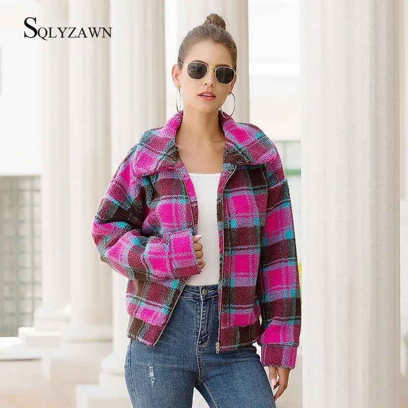 Женское теплое шерстяное пальто в клетку повседневное флисовое цвета хаки и