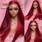 Topnormantic красный цвет шелковистый прямой парик с детскими волосами 13x 4 кружевной передний Реми индийские человеческие волосы парики для женщин