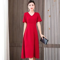 women elegant red dress new ladies short sleeve v neck slim summer dress female vestidos new womens clothing