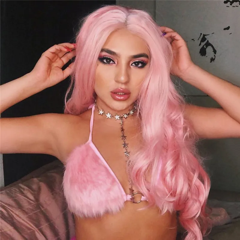 2019 Зимний Теплый розовый укороченный топ с лямкой на шее пушистый шнуровке