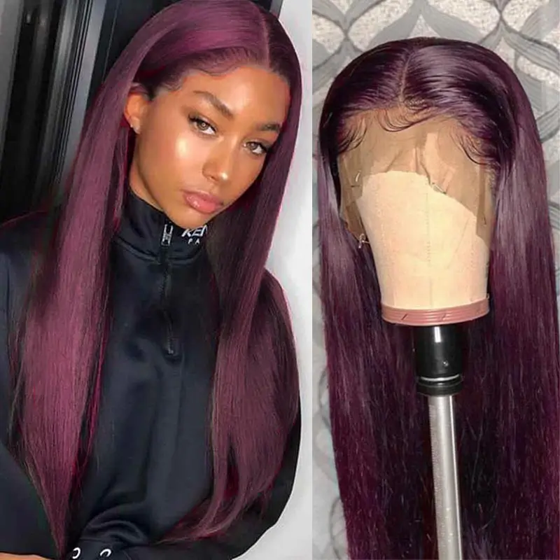 

Malaysian 13X1 Lace Front Human Hair Wigs Pre-Plucked Straight Burgundy 99J Red Lace Part Wig For Black Woman Remy 150% Pinshair