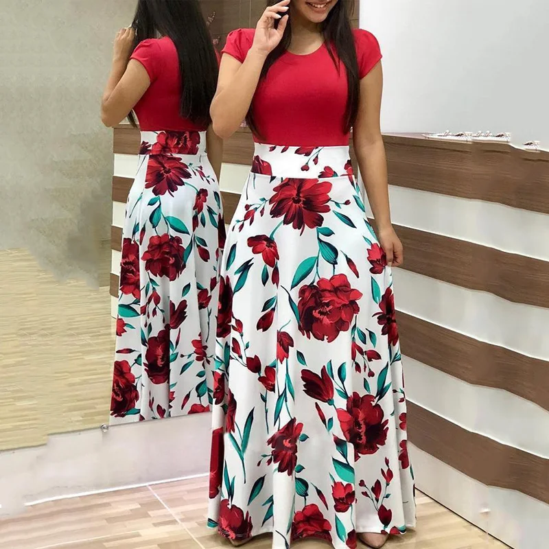 

Women Summer Print Maxi Dress Elegant Floral Stitching Short Sleeve Robe Long Dress Lady Plus Size Banquet Party Dress Vestidos