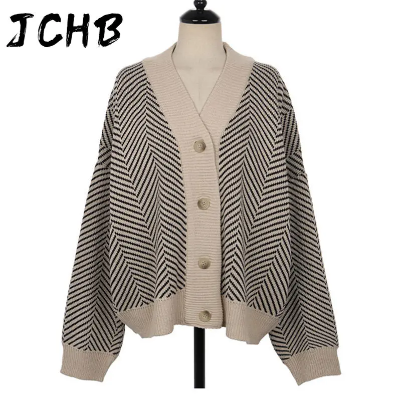 

JCHB Knitted Striped Cardigan Sweater Women Fashion Patchwork Top Spring 2021 Long Sleeve Casual Outwears V Neck Buttons Coat