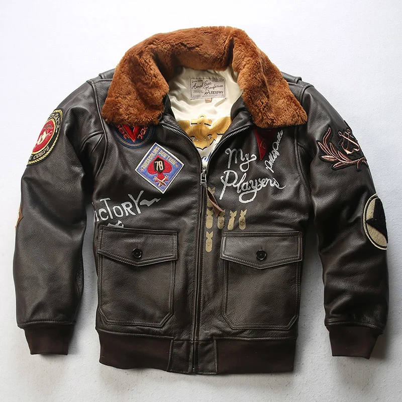 

2021 Brown Men Military Style G1 Pilot Leather Jacket Plus Size XXXL Genuine Cowhide Natural Winter Military Style Aviation Coat