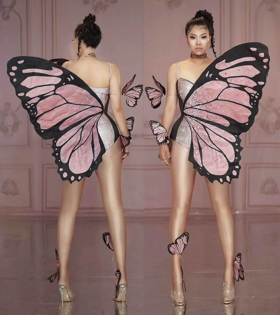 Bling Pink Butterfly Wings Rhinestones Bodysuit Dance Costume Women Party Show Performance Stage Wear Halloween Cosplay Costume