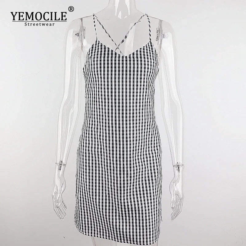

Fashion Black White Plaid Sexy Backless Straps Summer Mini Dresses Elegant Sundress Holiday Sleeveless Short Dress