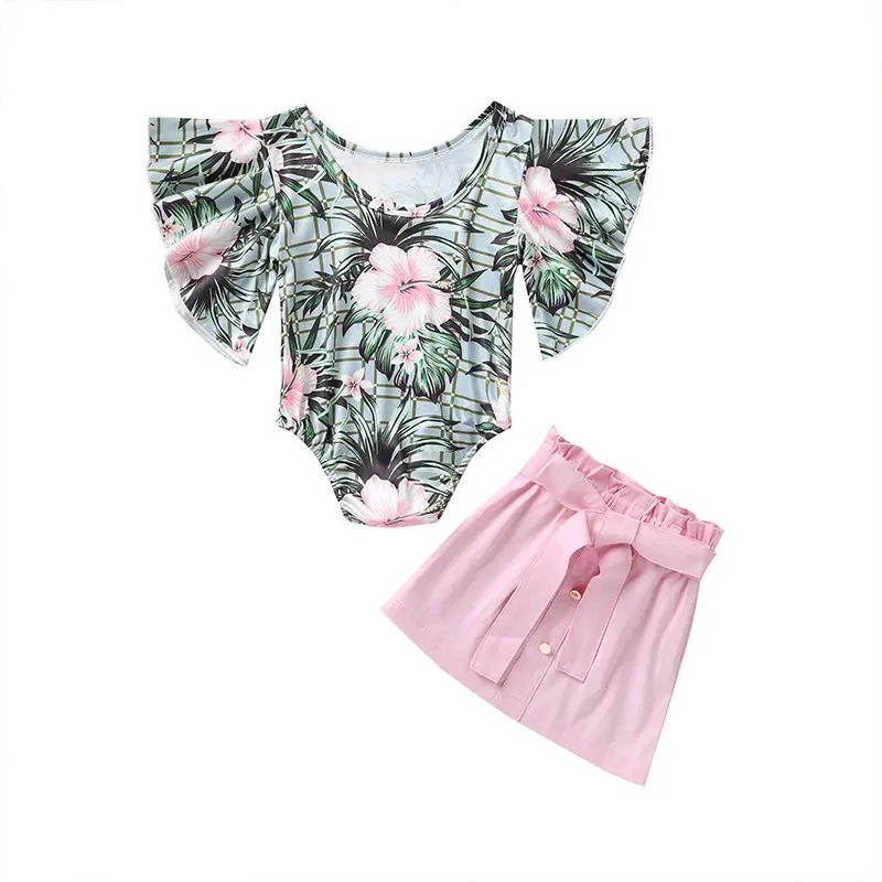 2020 Summer Baby Girl Cloth Set Flowers Ruffled Sleeve Romper Top+Pink Skirt 2pcs Suit Fashion Toddler Kid Outfit 1-4T | Мать и ребенок