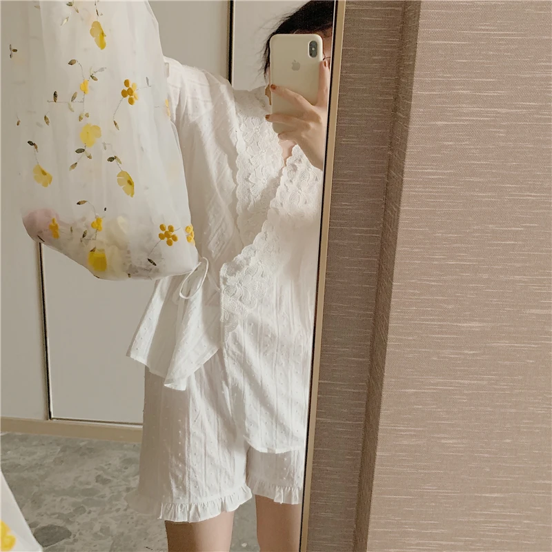 

Harajuku Cotton Ruffles V-Neck Summer Korean Chic Sweet Homewear Women Loose High Quality All Match Brief Pajamas Sets