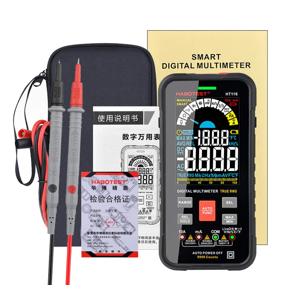 

HABOTEST HT116 9999 Counts Digital Multimeter Auto Range 1000V 10A Tester Meter Ohm Hz Capacitance True RMS AC DC Multitester