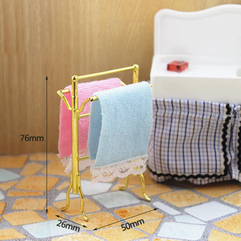 

1:12 Dollhouse Miniature Golden Towel Rack And 2 Towels Bathroom Furniture