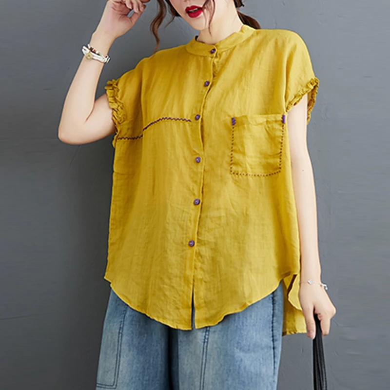 

#2836 Summer Yellow Vintage Shirts Women Ruffles Sleeveless Sexy Cotton Linen Shirts Female Buttons O Neck Women Tops Plus Size