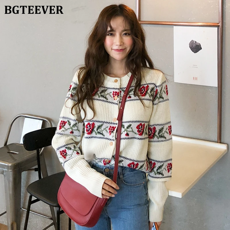Женский вязаный однобортный Кардиган BGTEEVER джемпер с цветочным принтом и