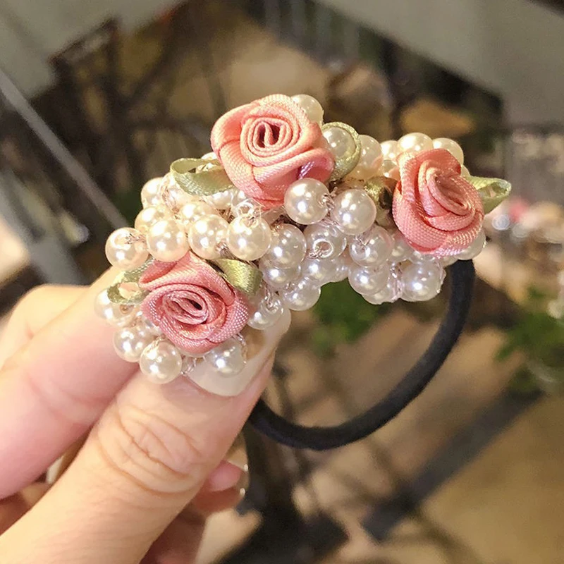 women pearls hair rope ponytail holder scrunchies pearl elastic hair rings exquisite flowers elastic women hair accessories 1 pc free global shipping