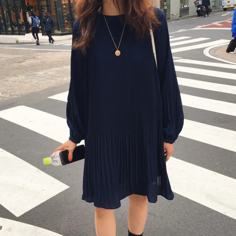 

New Korean Summer Fashion Women Clothes Vacation Dresses Lantern Sleeves Pullover Loose Chiffon Dress Pleated