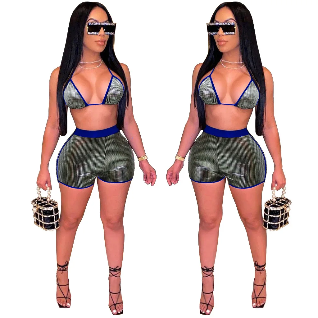 

Sexy Two Piece Set Metallic Lace Up Backless Chest Wrapped Shorts Matching Suit Party Nightclub Streetwear Women Summer