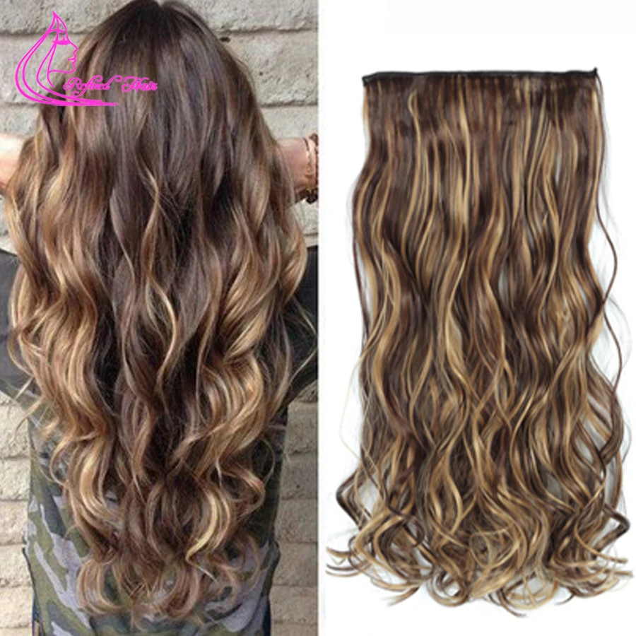 

Refined Hair 56cm Long Wavy Women Clip in Hair Extensions High Tempreture Fiber Synthetic Hair Piece Brown Blonde Blue Purple