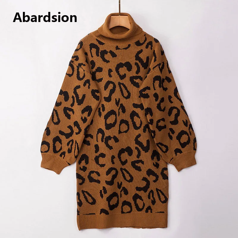 Abardsion, Женский вязаный свитер, платье, повседневное, базовый, длинный рукав, водолазка, Леопардовый принт, негабаритные, Осень-зима, платья
