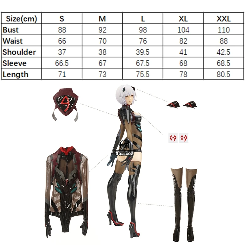 

ROLECOS EVA Cosplay Costume EVA Ayanami Rei Cosplay Sexy Jumpsuit Women Black Costume Bodysuit Halloween Party Stocking Full Set