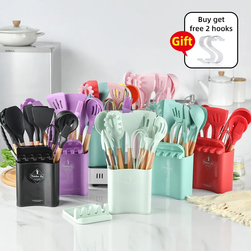 silicone kitchen utensilios de cocina accessories tools cookware set cooking spoon espatula gadget kichen menaje spatula wooden free global shipping
