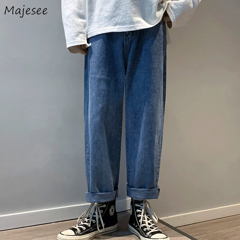 

Men Ankle-length Jeans Solid Straight Casual Fashion Students Simple Denim Trousers Vintage Streetwear Plus Size S-3XL All-match