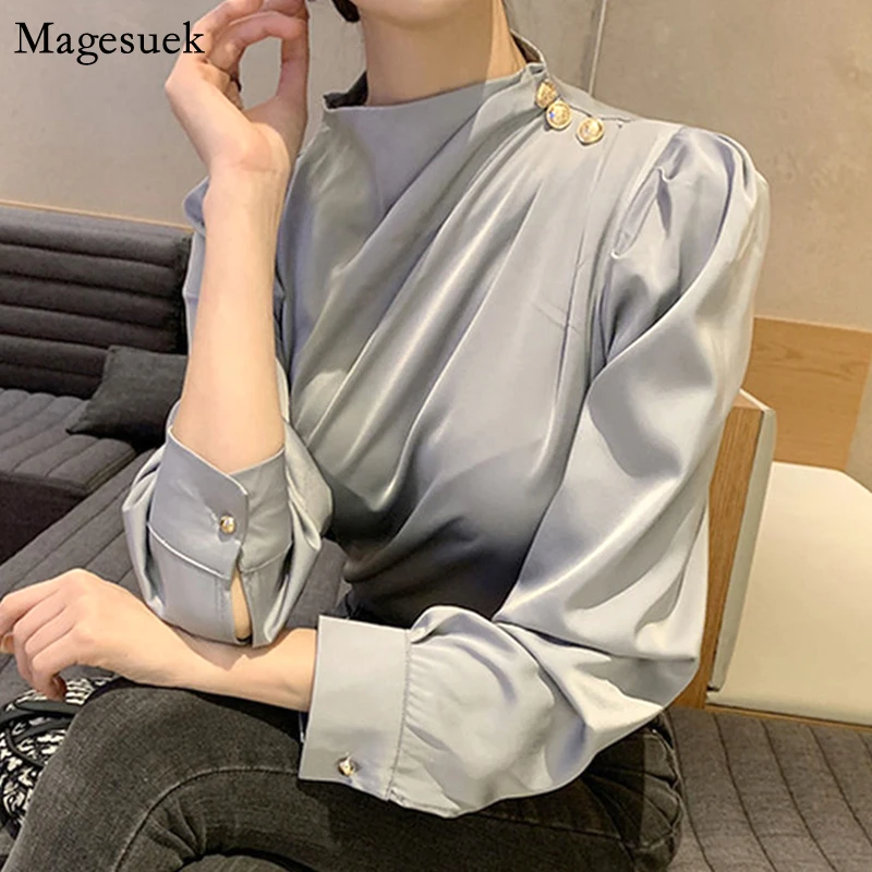 

Autumn New Office Satin Shirt Women Fashion Loose Long Sleeve White Blouse Women Stand Collar Pleated Elegant Blouses Tops 17508