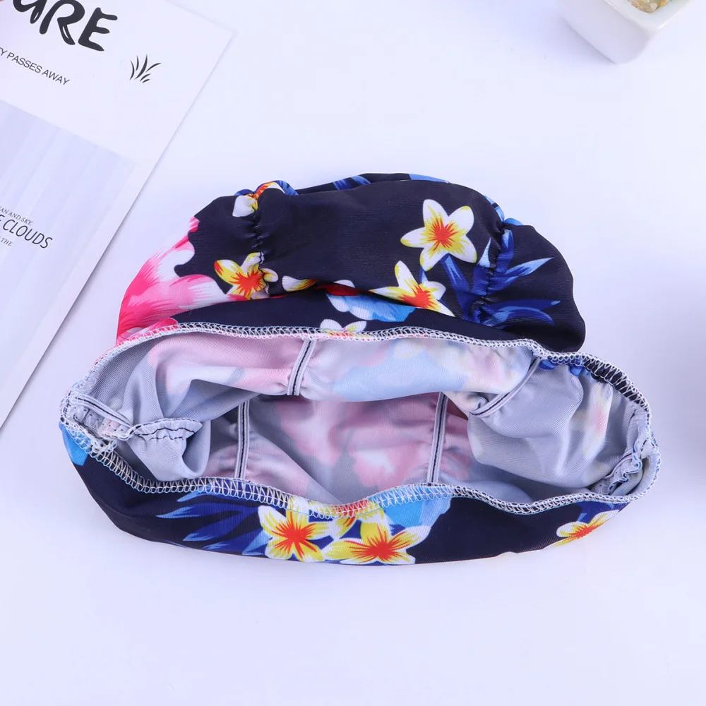 

Swim Cap Waterproof Printing Flower Pleated Swim Cap New Elastic Ear Cloth Swimming Cap Ear Protector Elasticity Swimming