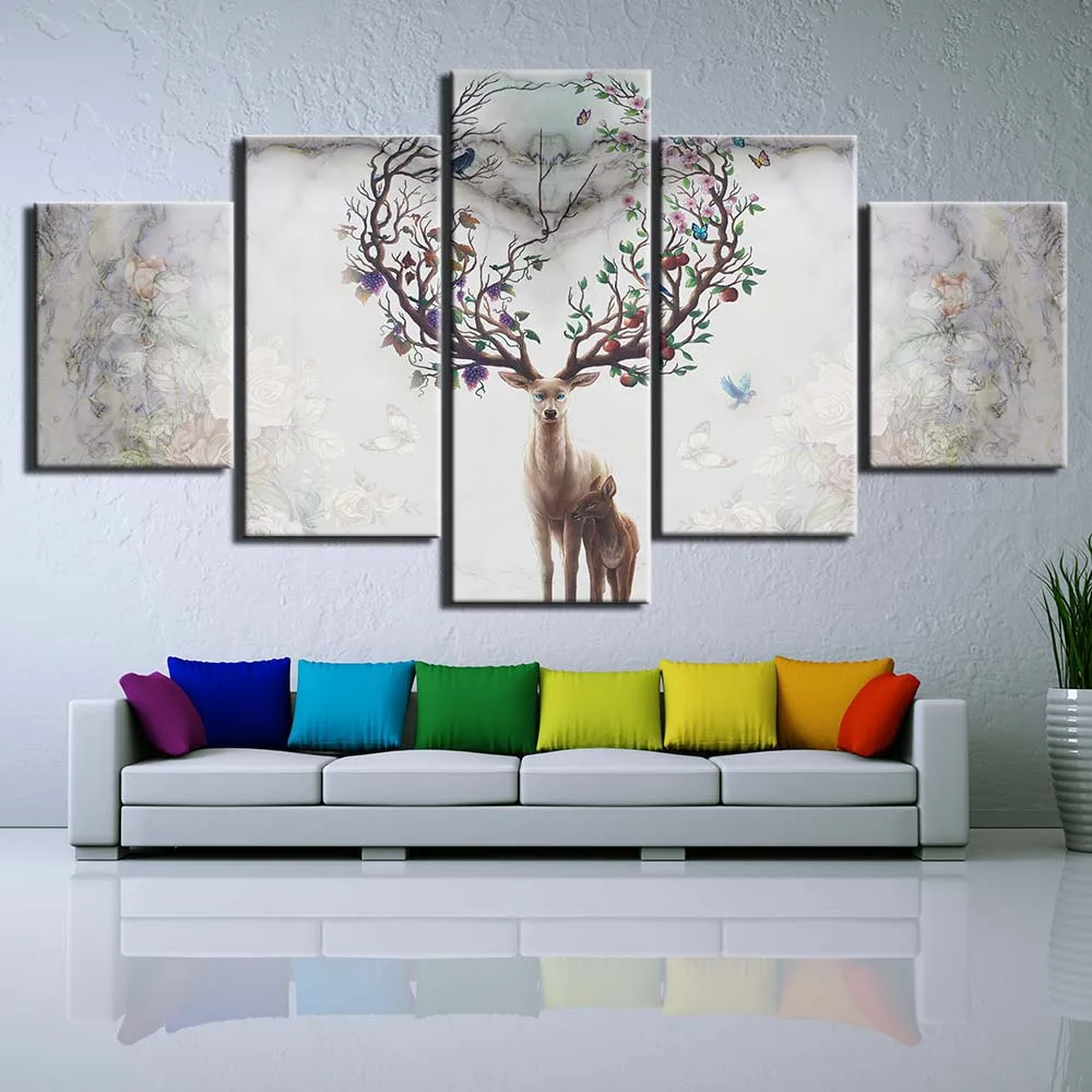 5 панельных холщовых картин с изображением оленя матери сезона картины деревом
