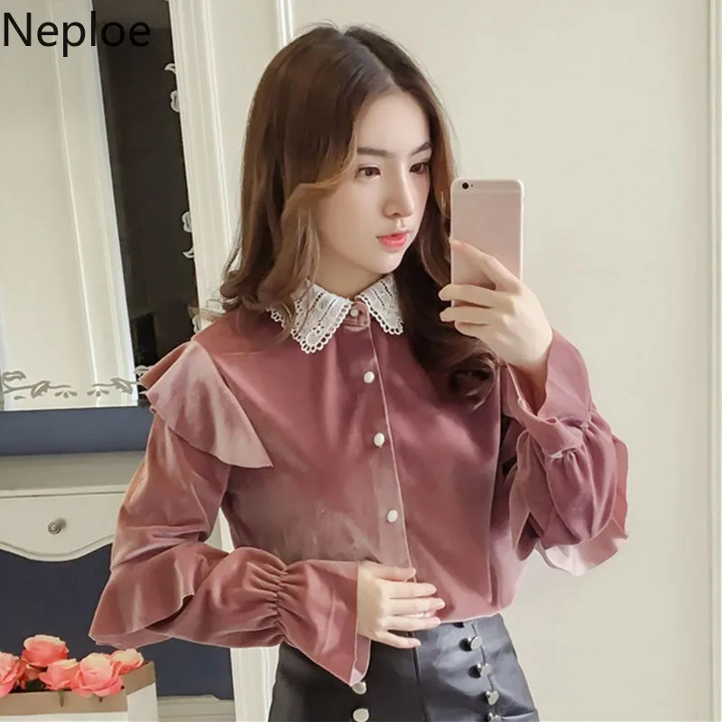 Neploe элегантная плиссированная золотистая Вельветовая Нижняя блузка с отложным