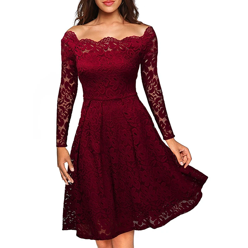 

Spring Summer Lace Dress Woman Plus Size Sexy Long Dresses Women's One-Word Neck High Printing Mom Waist Dresses Ladies