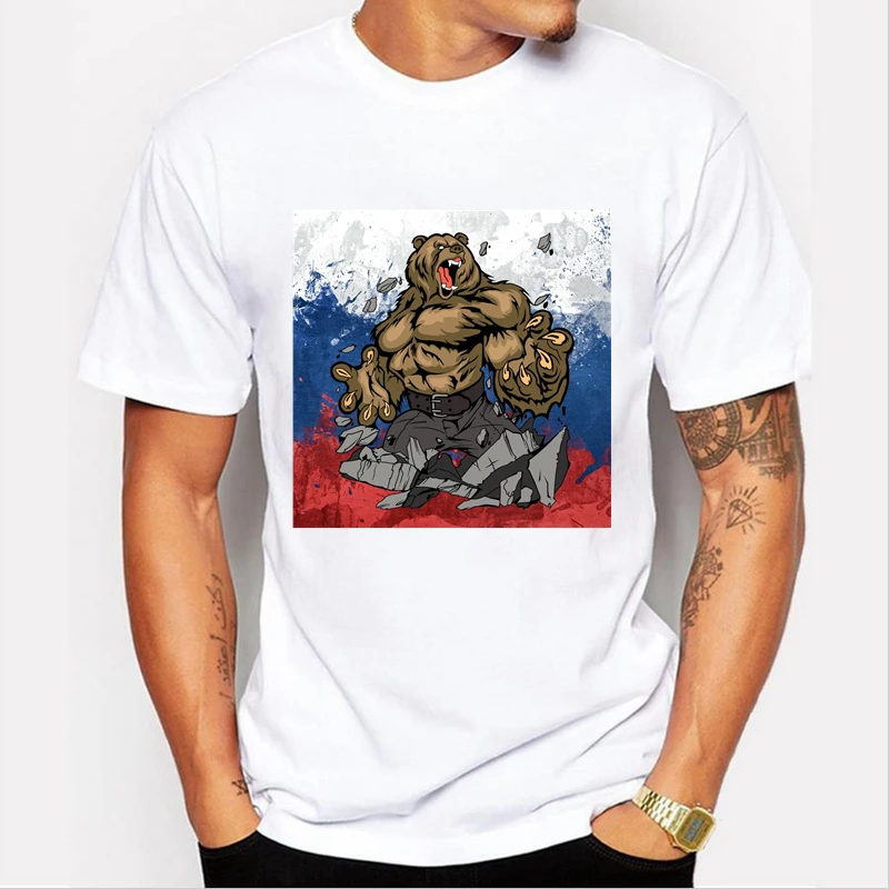 

50170# anry bear and flag of russia t shirt men's tshirt top tee summer Tshirt fashion cool O neck short sleeve shirt