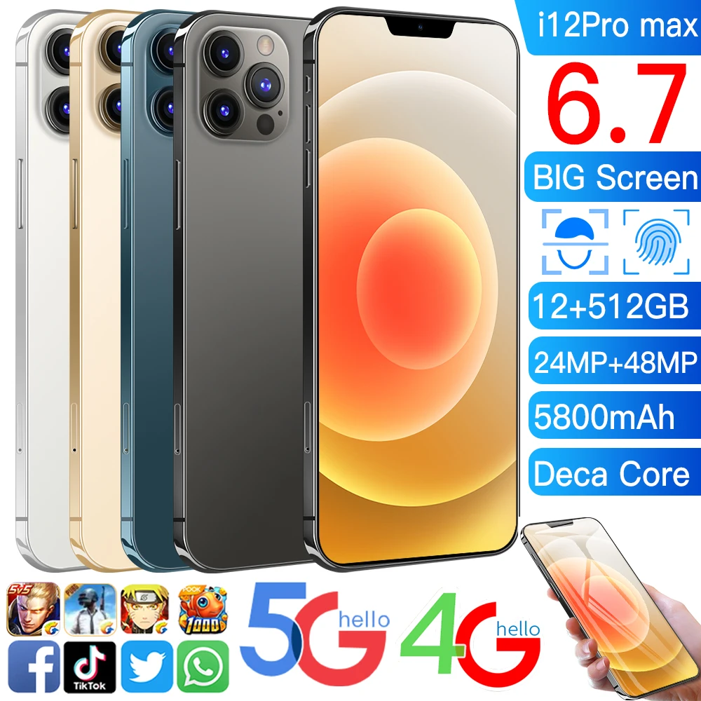 

Newest I12pro Max Global Version Android 10 Mobilephone 6.7" Waterdrop HD Screen 12G 512G Cellphone 5800mAh Smartphone 5G Phone